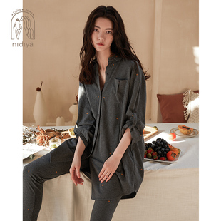 家居服套装 外穿显瘦小脚裤 翻领开衫 妮狄娅2024睡衣女春秋纯棉长袖