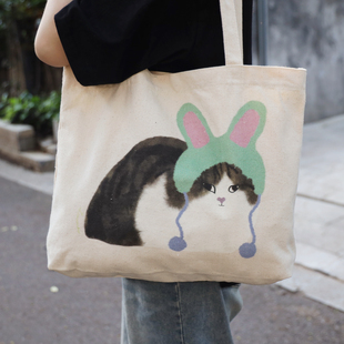 7折!李喜猫LIXIMAO原创猫咪印花ins韩版纯棉休闲帆布包