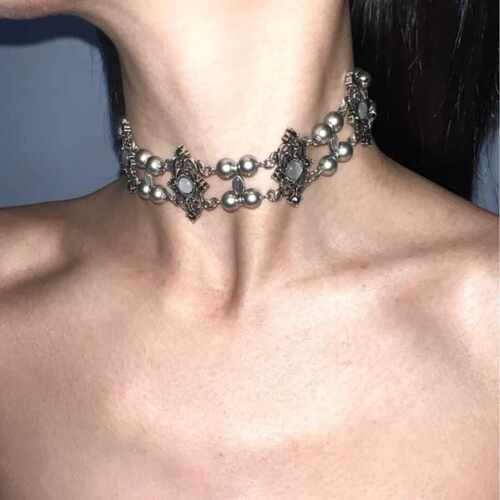 珍珠复古双层灰色猫眼石choker项圈女小众设计感宫廷风颈链