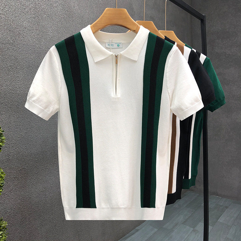 夏季韩版青年休闲冰丝修身男士竖条纹翻领针织短袖T恤商务polo衫