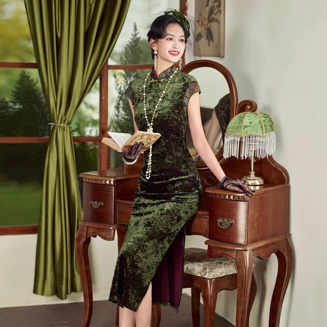 高端蓝绿黑色无袖钻石绒温婉温柔新中式国风时尚改良高级感旗袍