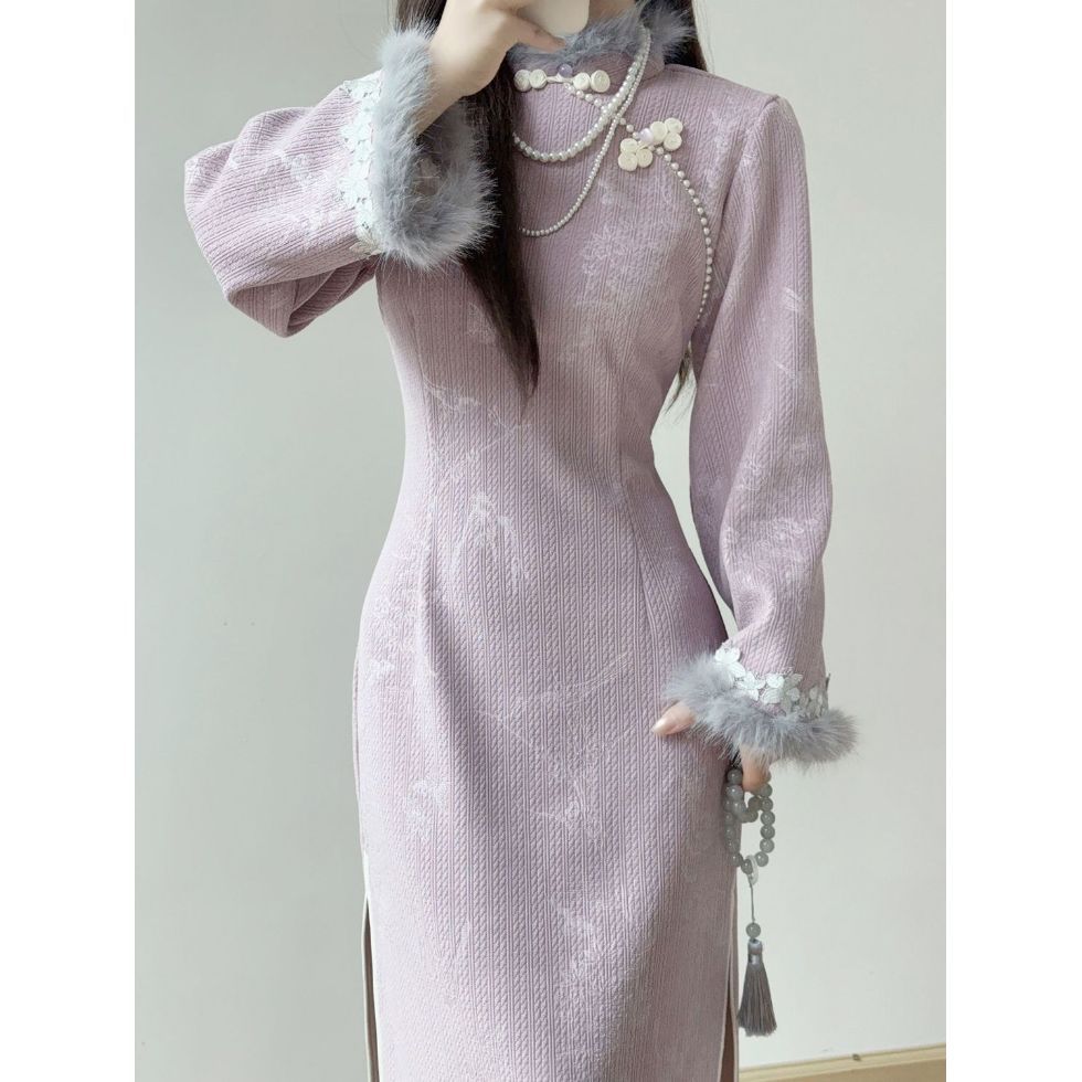紫色旗袍2025新款新中式少女修身改良版连衣裙秋冬加绒加厚裙子