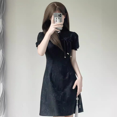 改良旗袍夏季2026年新款短款小个子日常年轻款少女黑色国风连衣裙