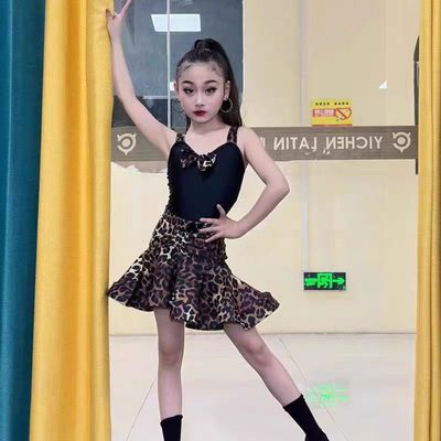 女童豹纹吊带分体拉丁舞裙