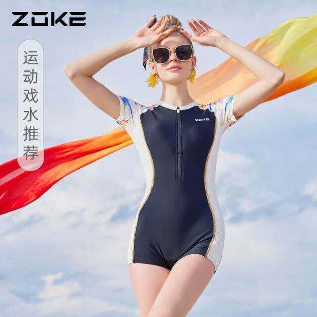 ZOKE洲克平角连体泳衣女修身连体平角遮肚显瘦速干短袖专业泳衣