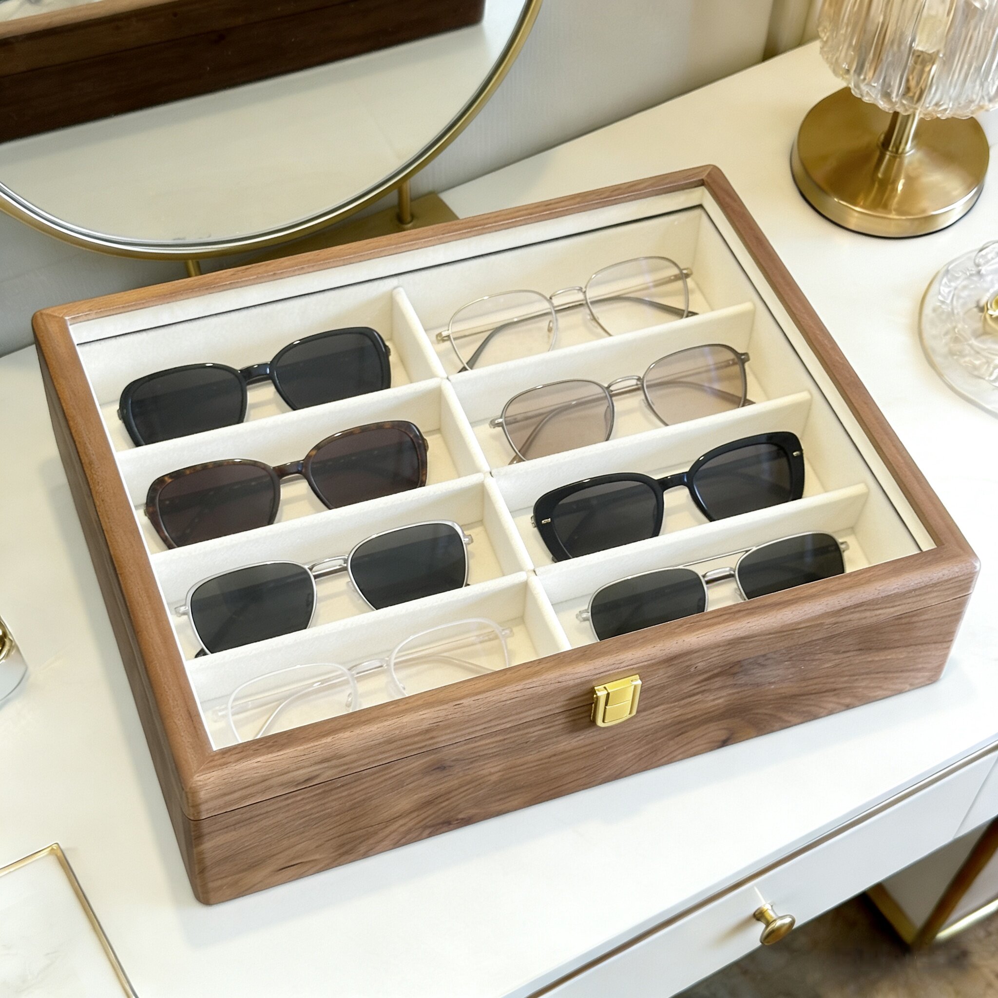 北美黑胡桃实木眼镜盒收纳盒木质多格分隔展示盒防尘防刮太阳镜