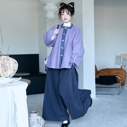 明毛呢方领袄合裆裤汉服通勤秋冬