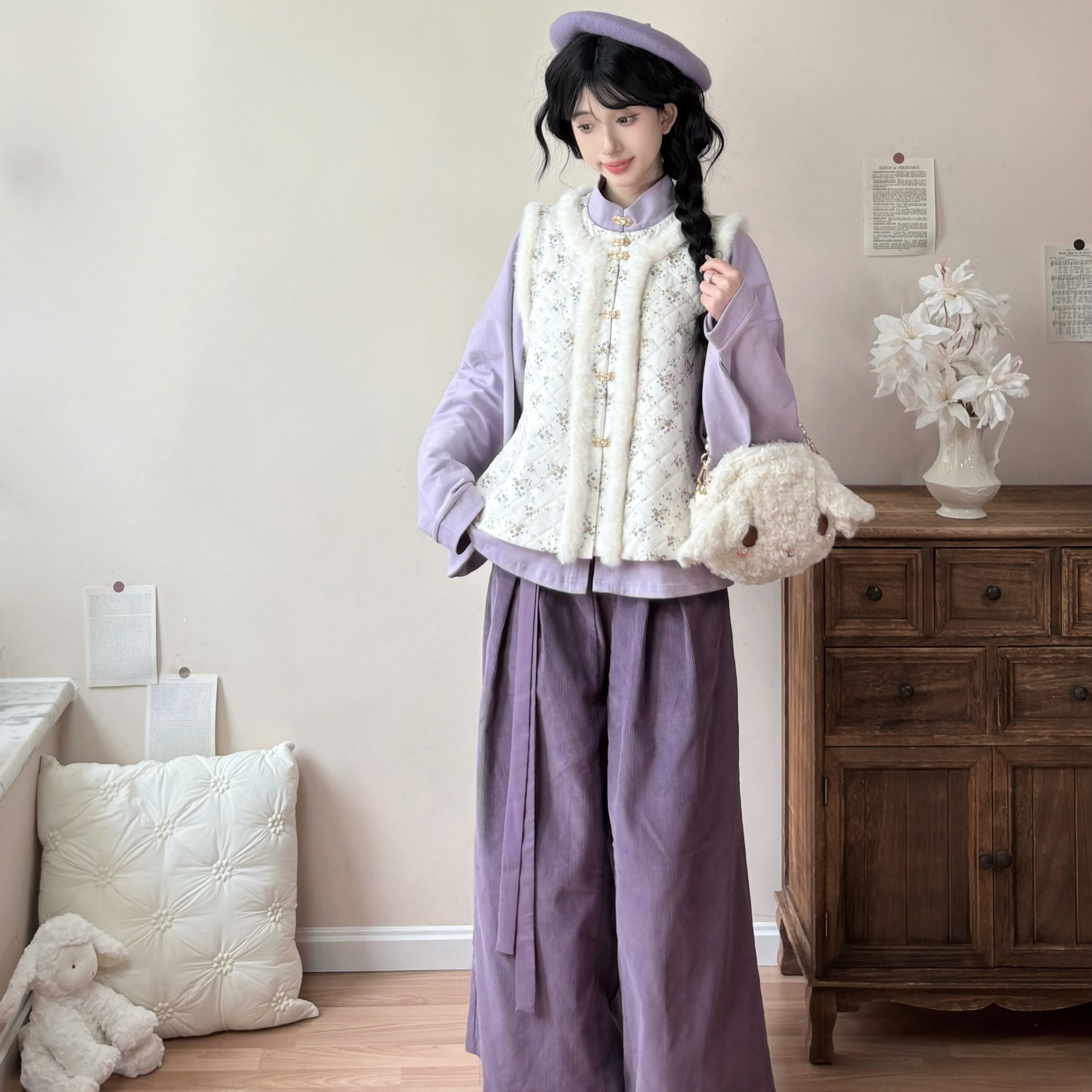 明立领衫阔腿裤夹棉针织秋冬汉服