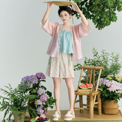 花朝记｜果冻｜宋制汉服元素对襟衫半袖宋裤短裤天丝简约日常风夏