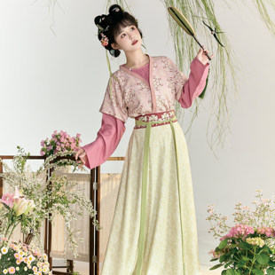 花朝记｜胭脂雨｜唐制汉服唐背子圆领衫 交窬裙粉色传统日常春夏女