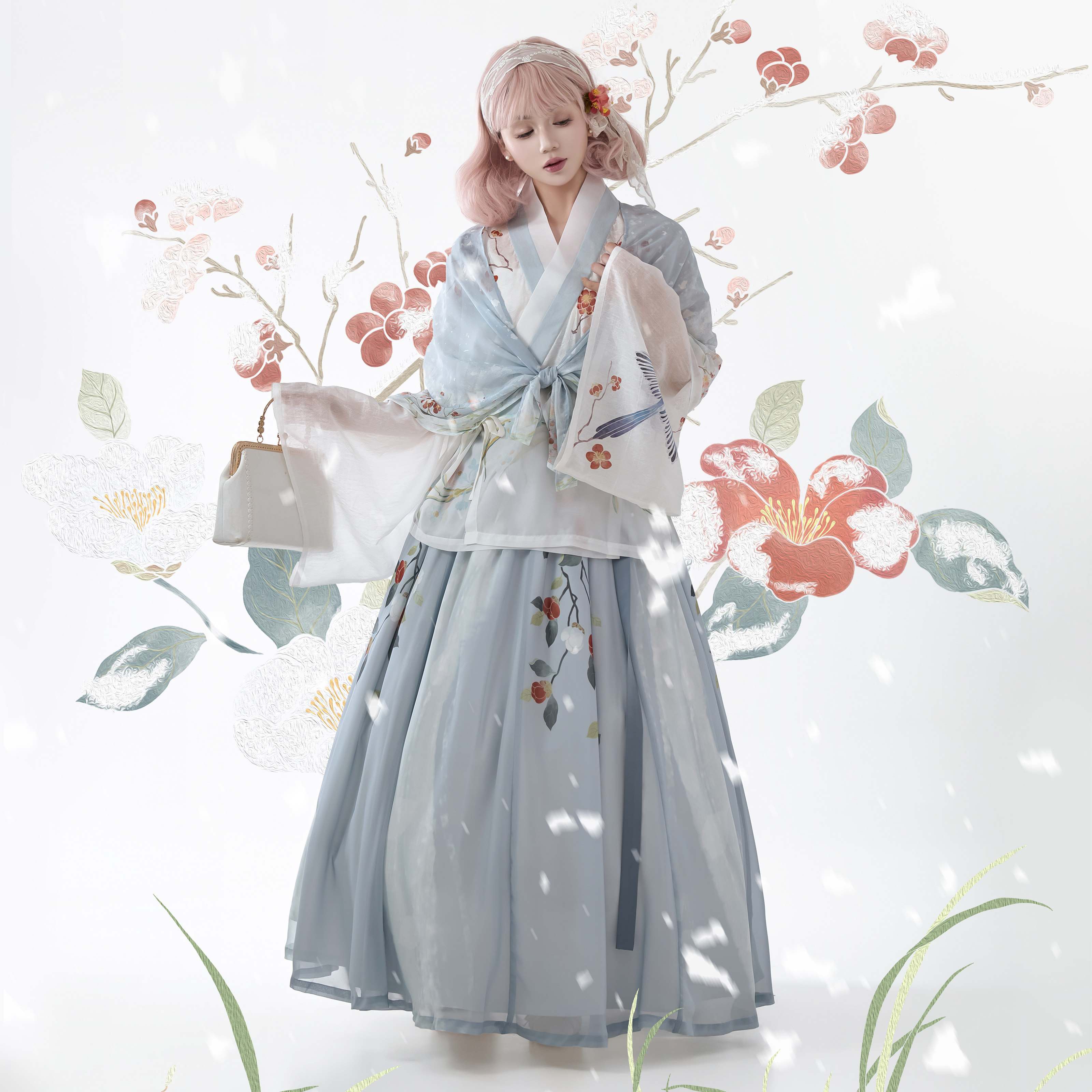 花朝记｜春山负雪｜晋制汉服晋襦破裙披子天丝印花蓝色公主风日常图片