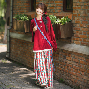花朝记｜梦乐园｜明制汉服元 针织红色撞色日常文艺风 素圆领衫 裙裤