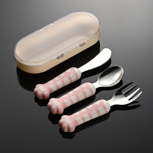 埃恩猫爪儿童餐具304不锈钢刀叉勺宝宝自主进食训练勺便携餐具