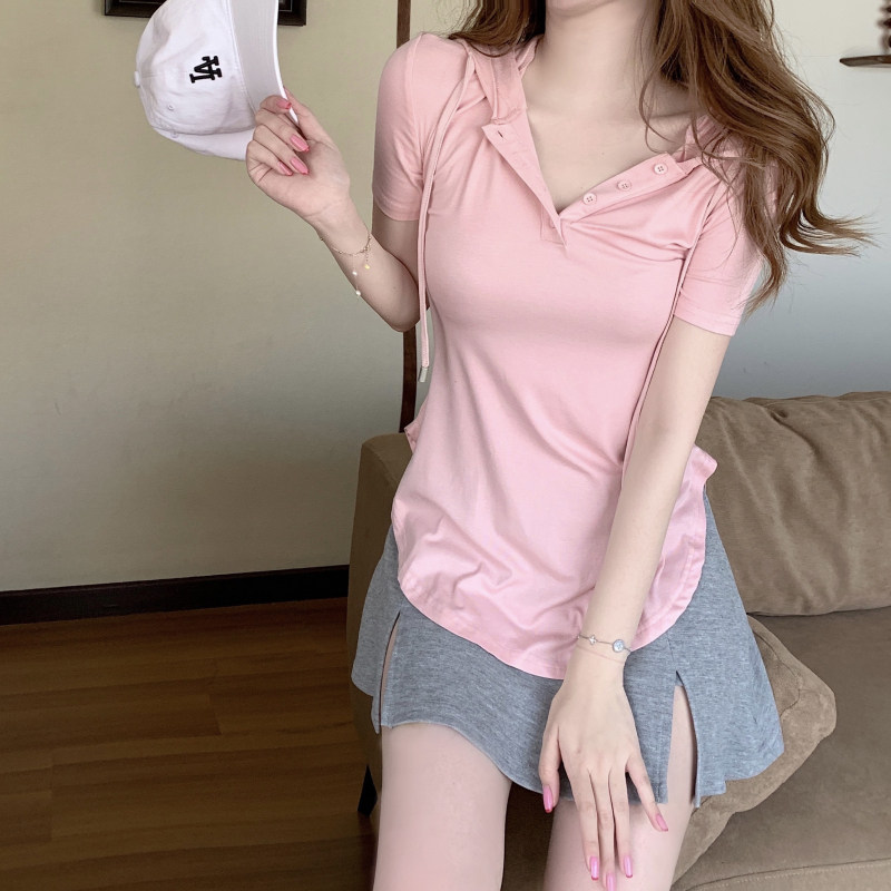 [断码清货]网红主播连帽t恤女薄款短袖修身烟灰藕粉色上衣ins女夏