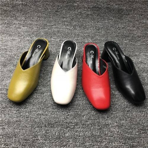 工厂断码处理夏季新款圆头时尚粗跟软底真皮百搭休闲流行半拖鞋女