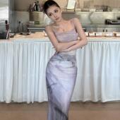 紫色蝴蝶印花吊带连衣裙女夏季 性感修身 显瘦包臀鱼尾裙碎花长裙