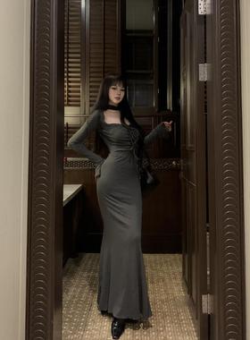 初秋新款性感辣妹针织长袖连衣裙内搭气质修身显瘦鱼尾裙包臀长裙