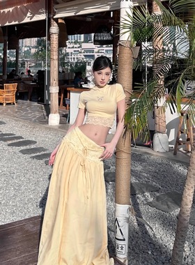 氛围感纯欲度假套装辣妹修身显瘦短上衣半身裙大裙摆长裙两件套