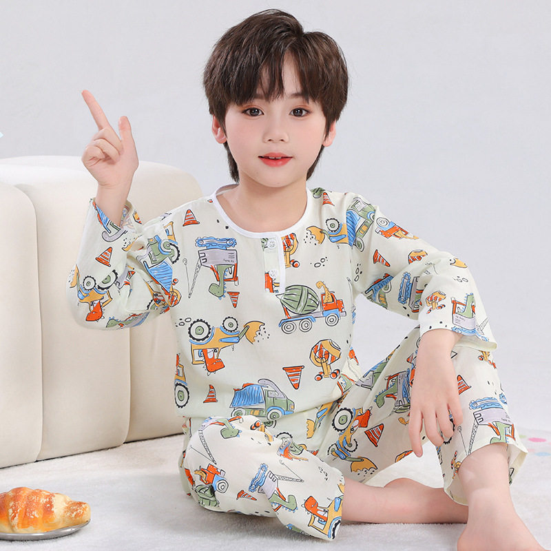 夏季棉绸男童睡衣长袖薄款女童绵绸防蚊空调服工程车挖土机家居服