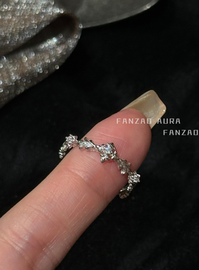 FANZAOAURA小众设计精致鸢尾花镶嵌锆石细十字架S925纯银开口戒指