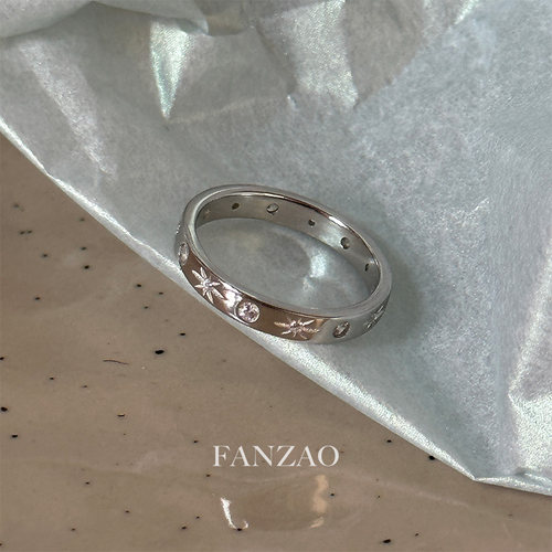 FANZAO星辰戒指简约微镶S925纯银戒指女小众通勤素圈戒闭口银戒指