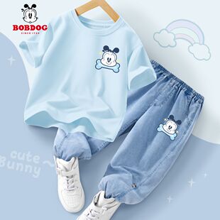 2026新款 薄款 短袖 儿童牛仔裤 男 巴布豆男童套装 天丝棉大童夏装 夏季