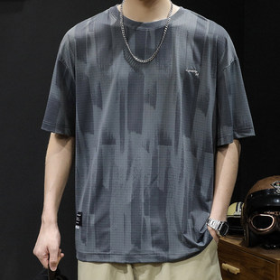 凉感冰丝短袖t恤男士宽松大码潮牌夏季2025新款男款胖子速干体恤