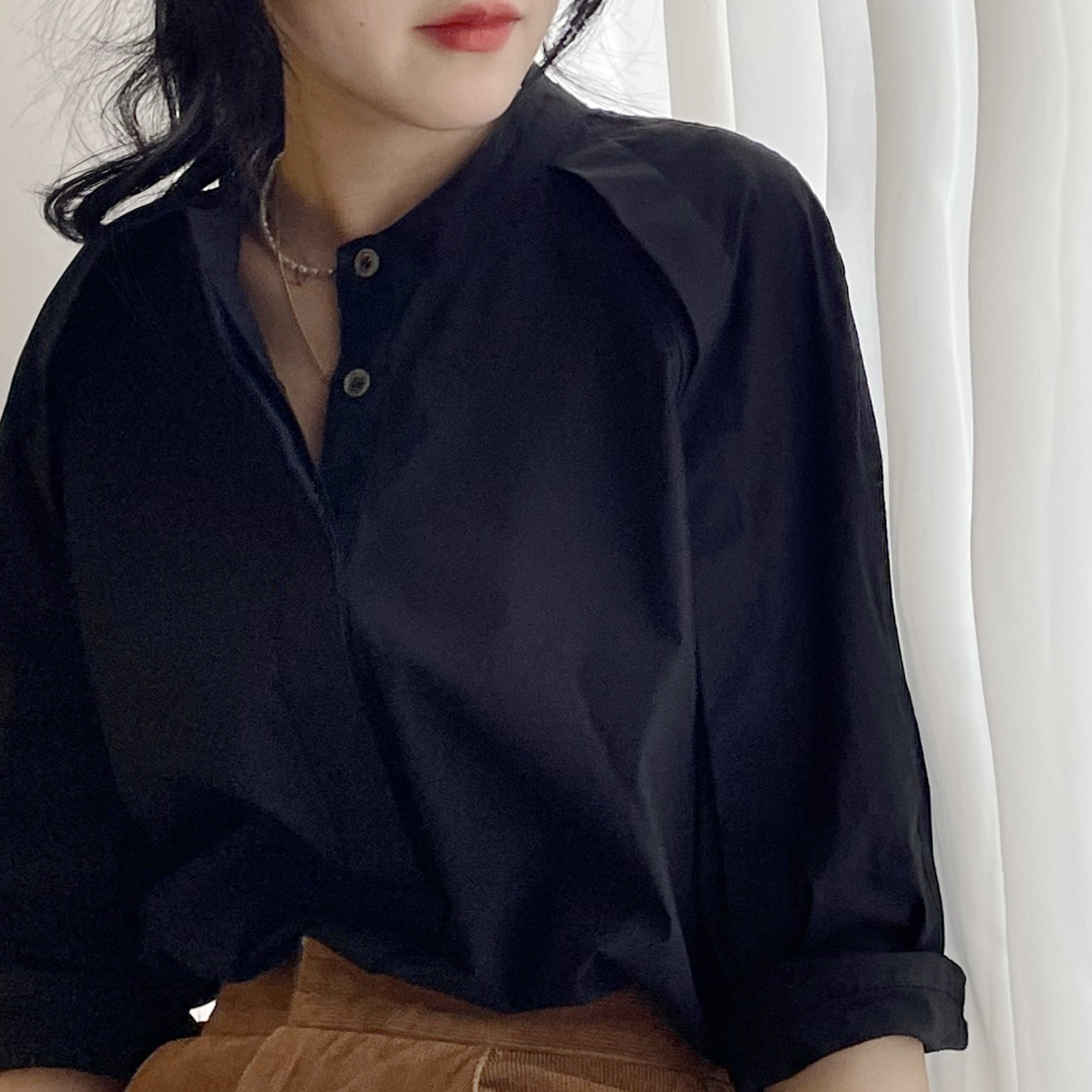 宽松型通勤套头七分袖棉混纺衬衫