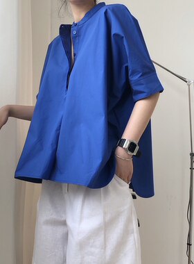 克莱因蓝短袖衬衫时尚宽松显瘦