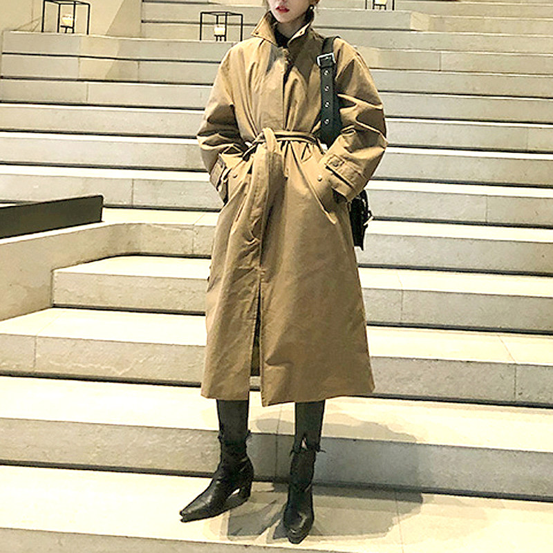 冬新款宽松风衣加厚棉袄卡其毛领中长款外套女棉衣棉服女风衣黑色