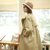 卡其色秋季 公主A字七分袖 外套新款 宽松全棉休闲气质风衣女中长款