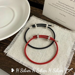 S925纯银简约百搭气质红黑软钢绳情侣手绳可随意搭配调节