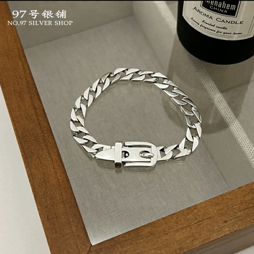 S925纯银小众创意复古皮带扣古巴潮酷重工银手链个性嘻哈韩版手饰