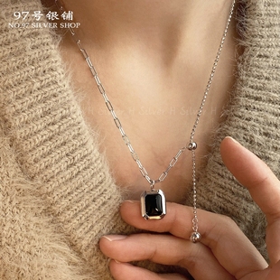 S925纯银甜酷风几何方块玛瑙抽拉AB链小众设计感百搭新款 锁骨链