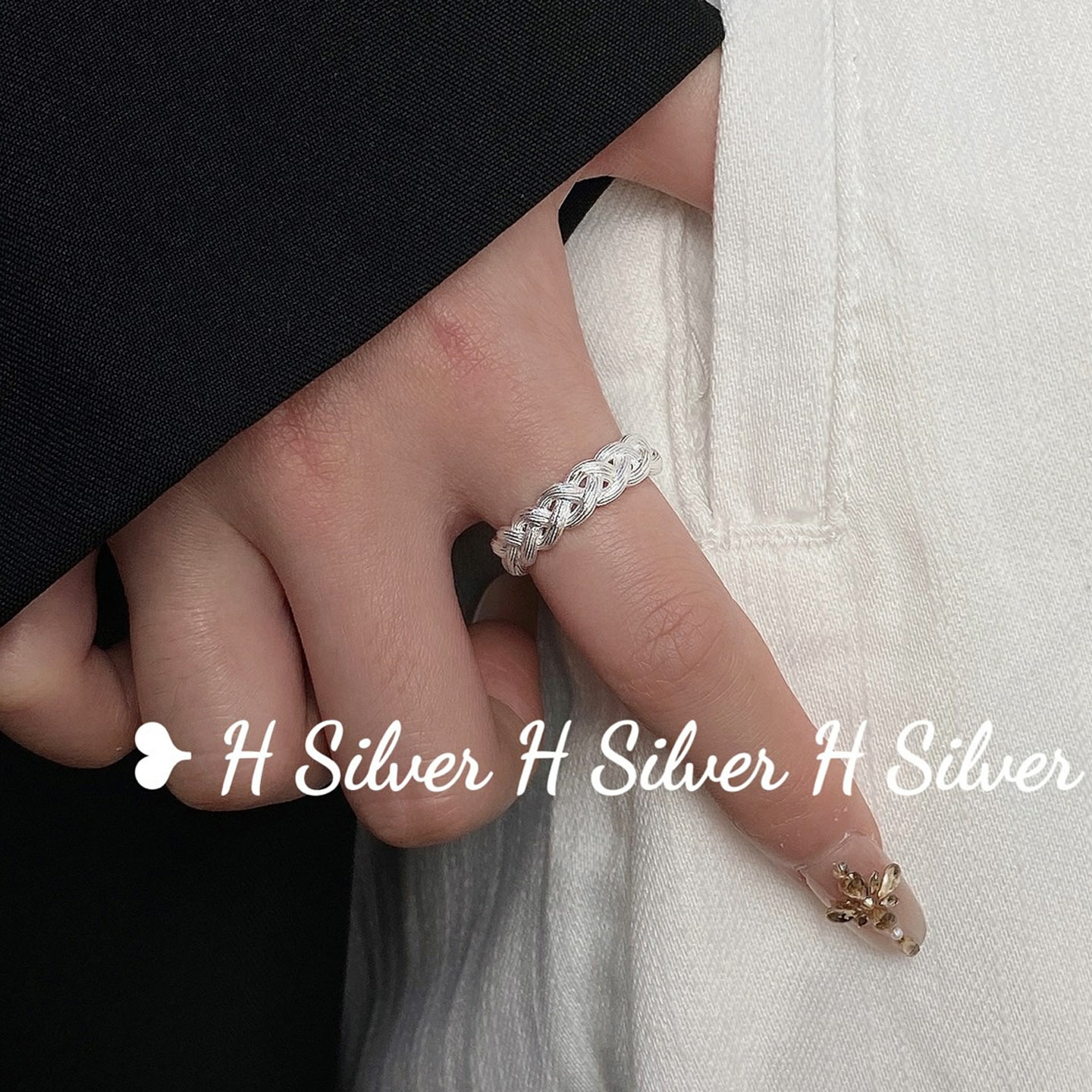 S925纯银编织麻花开口银戒指