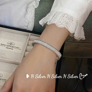 S925纯银波浪蕾丝造型微镶锆石贵妃圈侧开口拉丝工艺开口银手镯