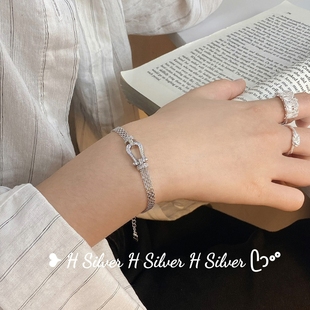 S925纯银中古风微镶锆石编织马蹄设计感精致高级银手链气质时尚