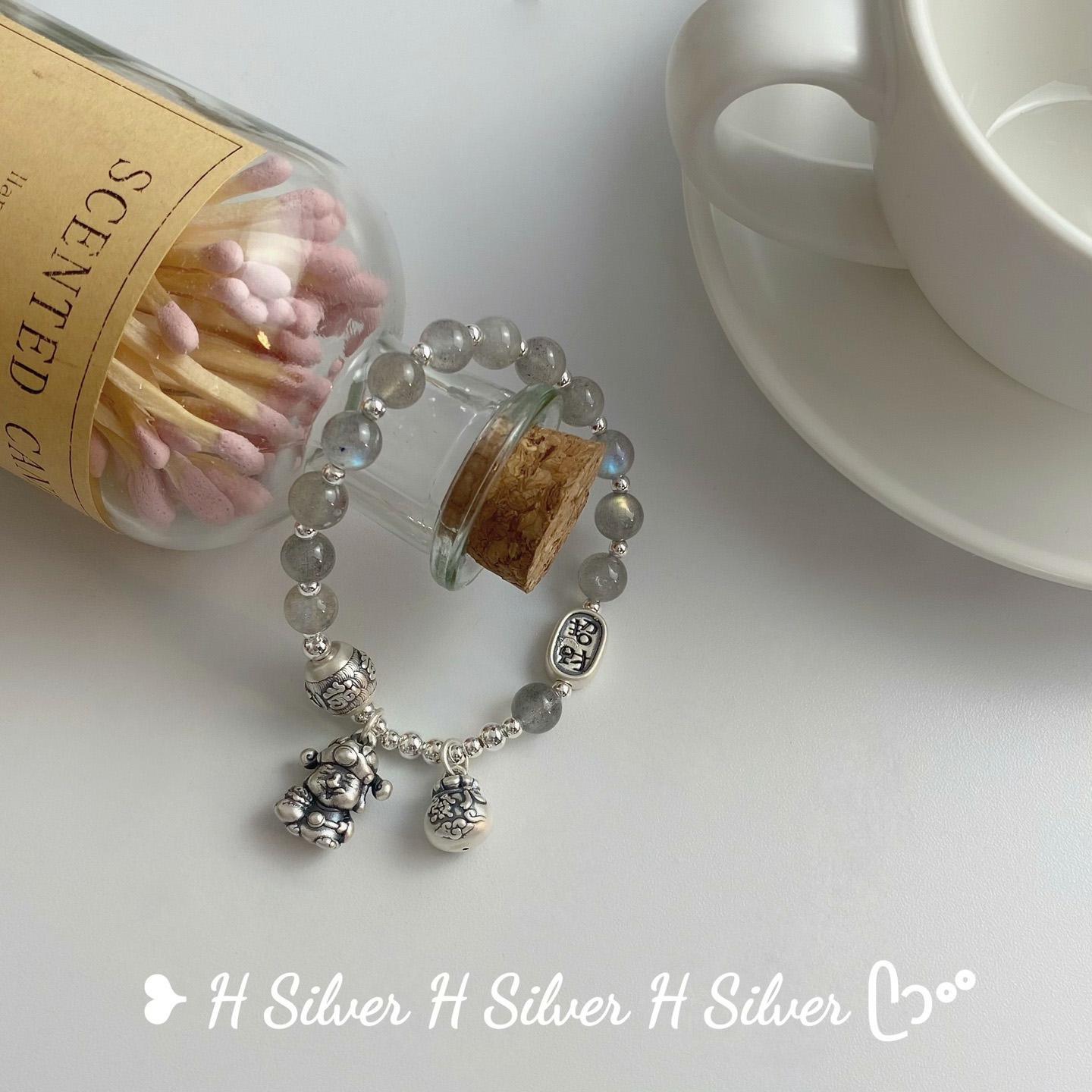 999足银灰月光石财神手链