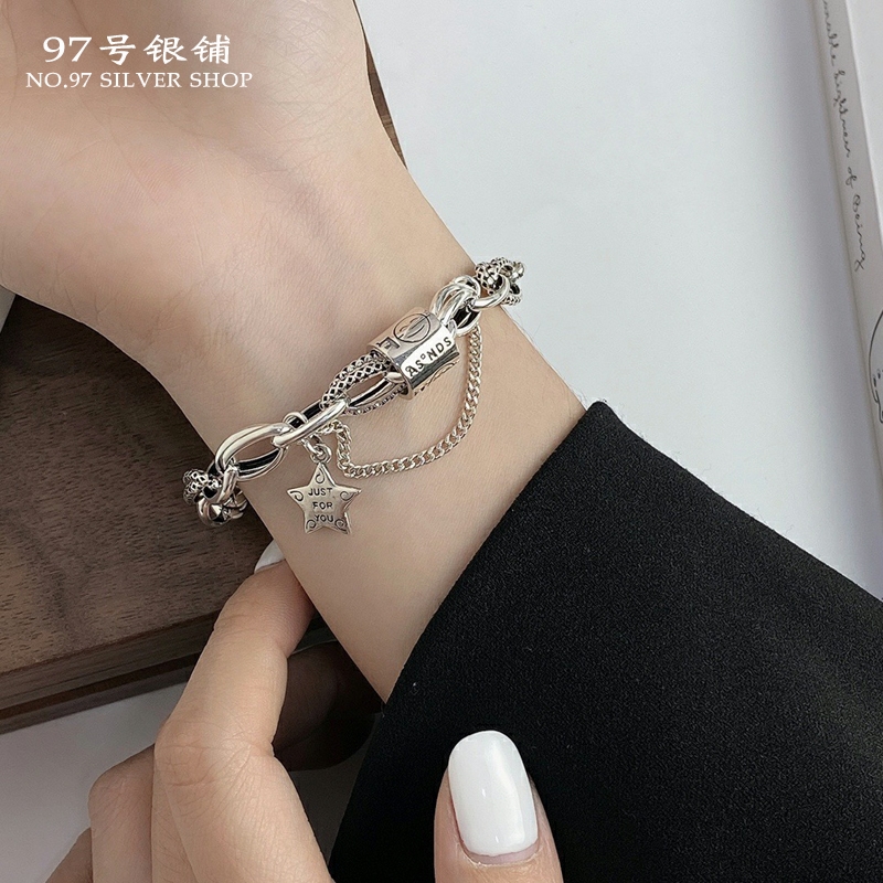 S925纯银星星笑脸复古个性银手链