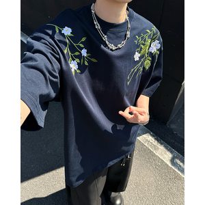 夏季新款t恤男纯棉花卉刺绣重磅上衣潮牌情侣短袖百搭宽松半袖P43图片