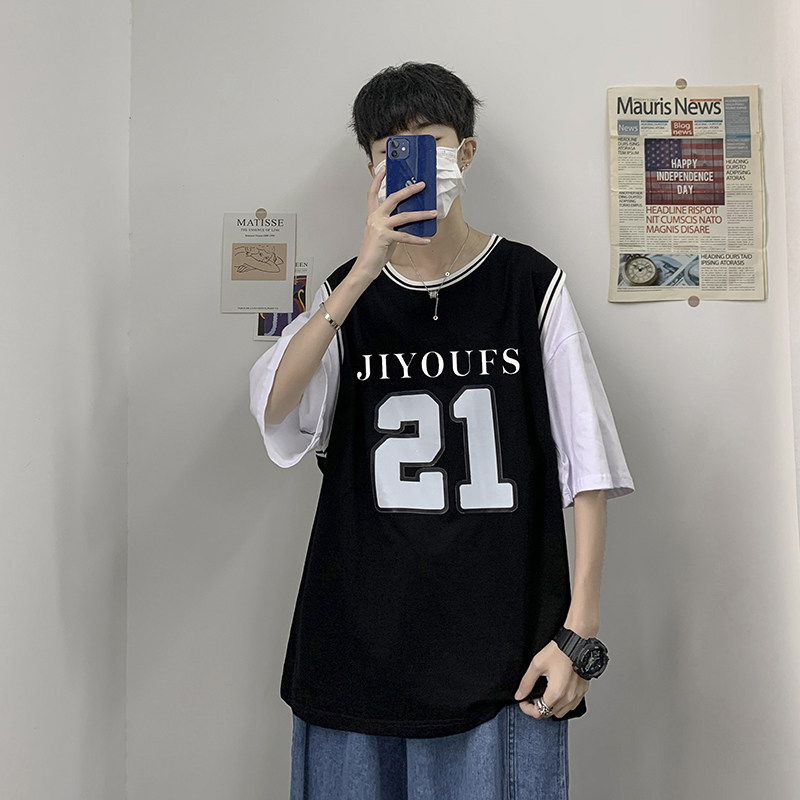 @潮牌学院风ins宽松假两件五分中袖体恤上衣服夏季半袖图片