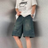 美式复古牛仔短裤男女款创意拉链宽松阔腿直筒五分裤P42，男装牛仔裤，星座410-6（原星座1304-1）