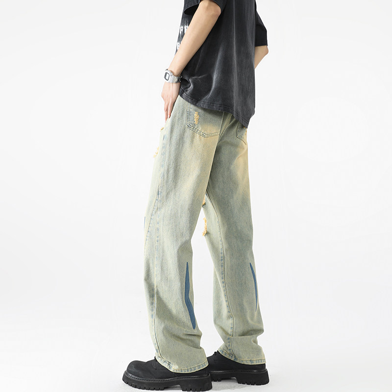 破洞牛仔裤男美式复古hiphop裤子春夏潮牌宽松微喇裤直筒高街P50,男装牛仔裤,星座410-6（原星座1304-1）