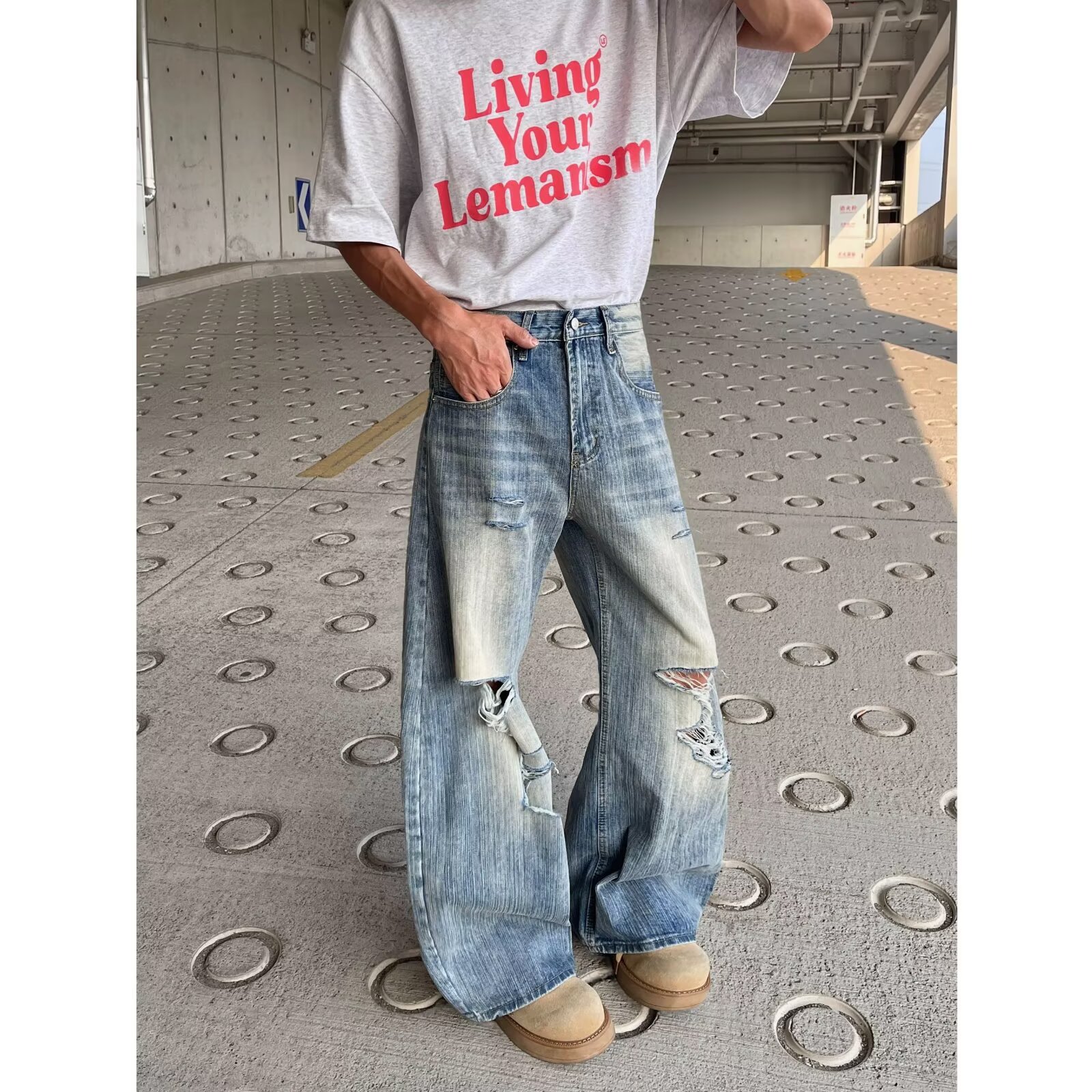 美式复古竹节做旧破洞牛仔裤男女夏季高街设计感宽松阔腿裤P52,男装牛仔裤,星座410-6（原星座1304-1）