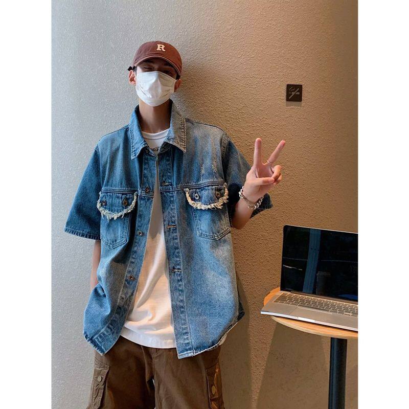 设计感毛边牛仔衬衫男高街潮牌新款翻领短袖潮流夏季ins男潮P53,男装T恤,星座410-6（原星座1304-1）