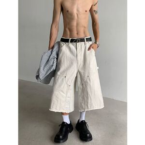 美式复古铆钉拼接白色七分裤男夏季宽松设计感伐木直筒裤P51