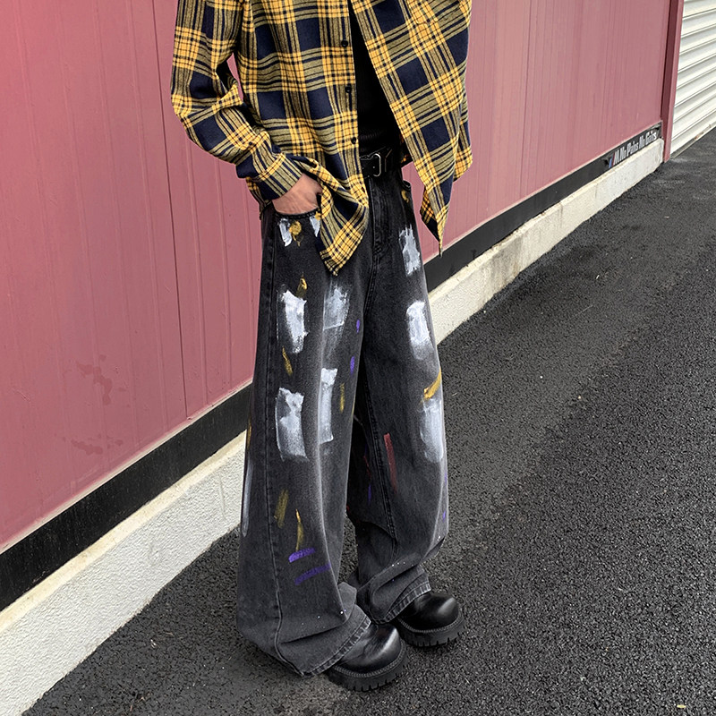 欧美炸街裤子刷漆涂鸦做旧牛仔裤男女美式宽松休闲裤直筒裤P48，男装休闲裤，星座410-6（原星座1304-1）