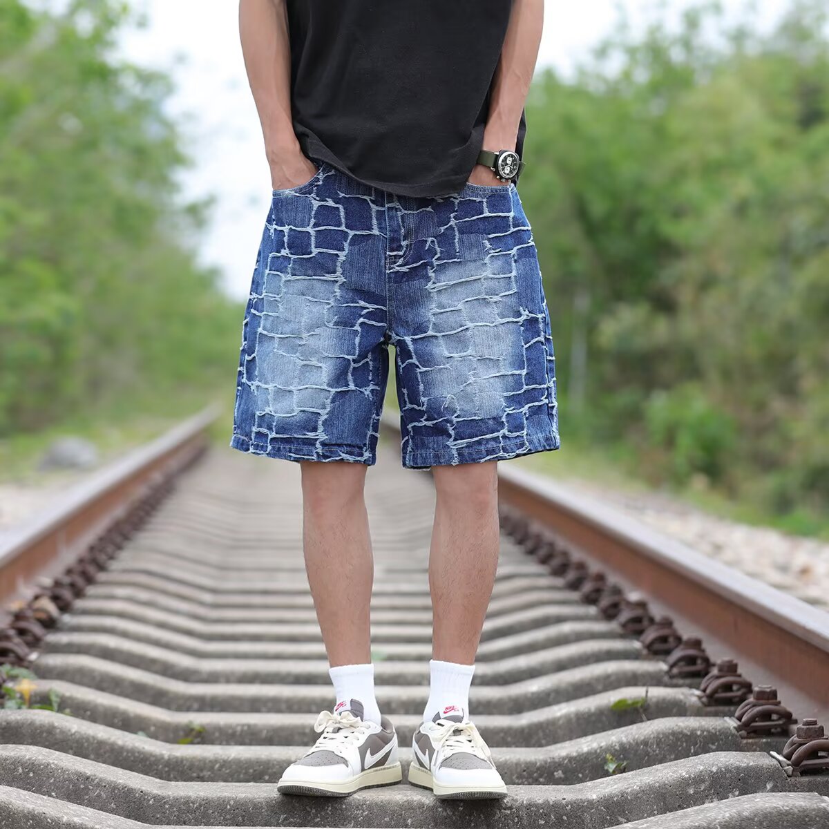 新款男士牛仔裤时尚百搭休闲提花5分裤子男宽松潮流帅气短裤P45,男装牛仔裤,星座410-6（原星座1304-1）