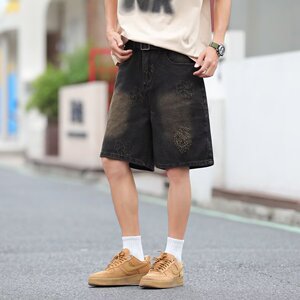 美式复古水洗做旧牛仔短裤男夏季宽松休闲百搭五分裤潮牌P45图片