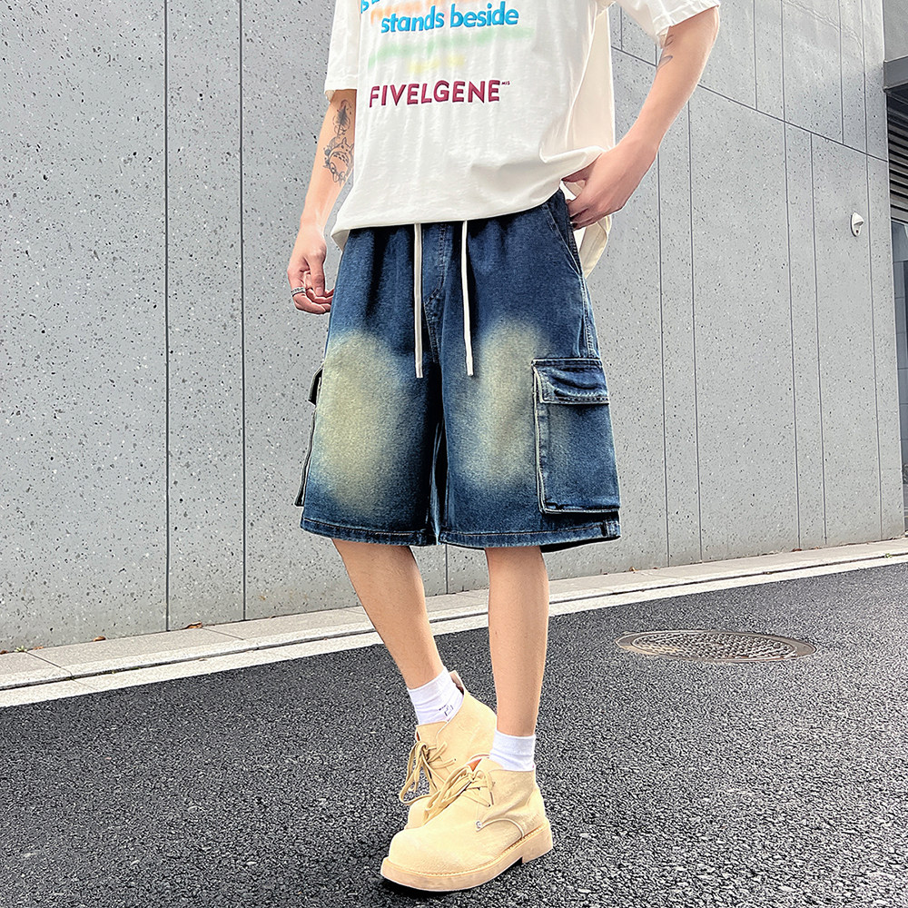 夏新款宽松直筒港风牛仔短裤男基础款百搭多色松紧水洗中裤P50,男装牛仔裤,星座410-6（原星座1304-1）